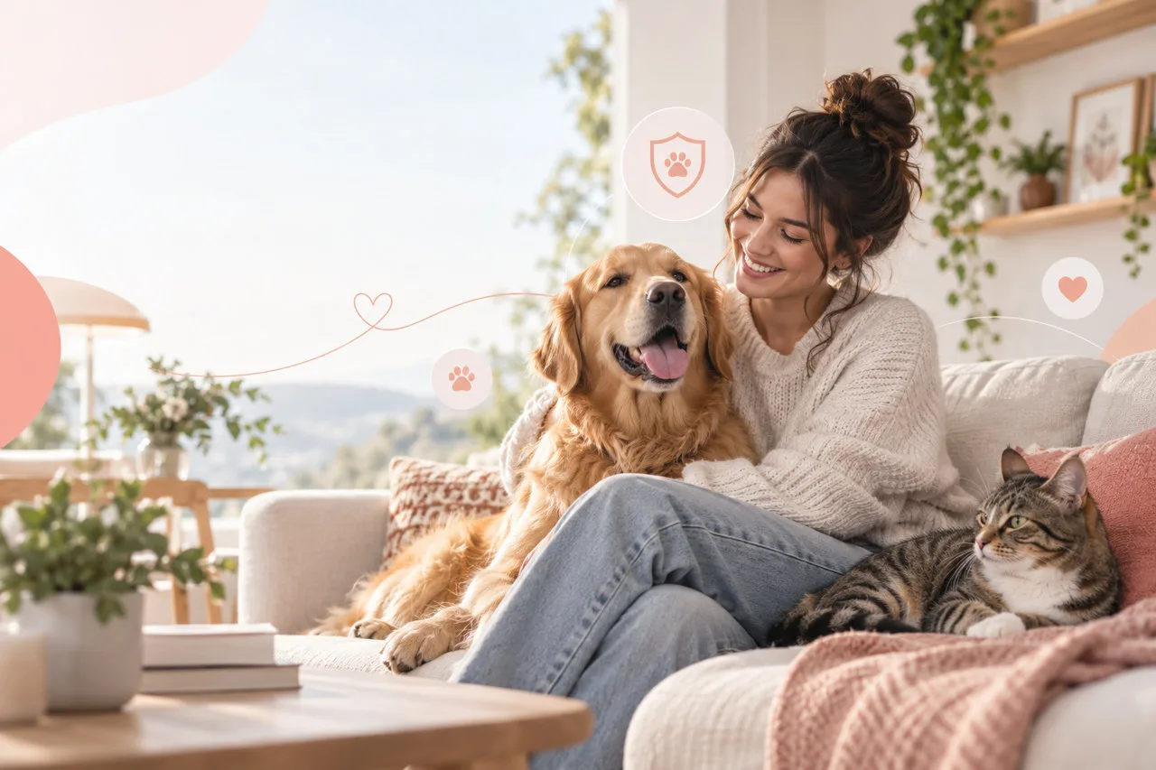Owner relaxing on a sofa beside a dog and cat